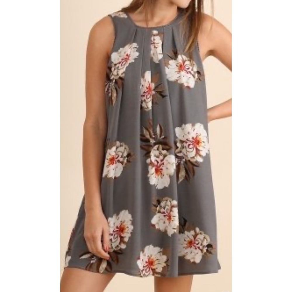 UMGEE Women Floral Textured Pleated Swing Dress Lined Keyhole Summer Boho Gray L